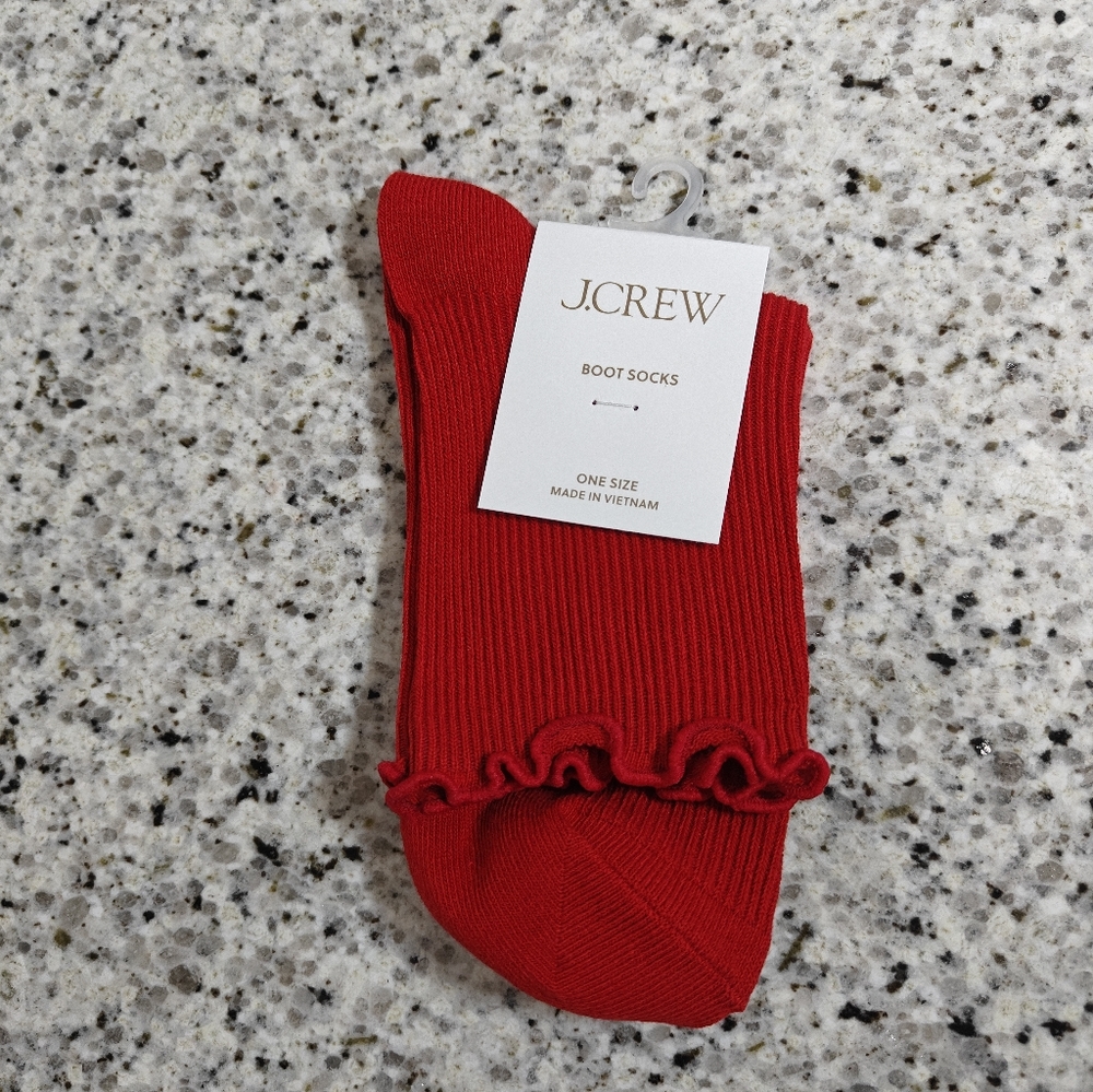 NEW Jcrew Ribbed ruffle-edge boot socks (vintage red) - Picture 2 of 4